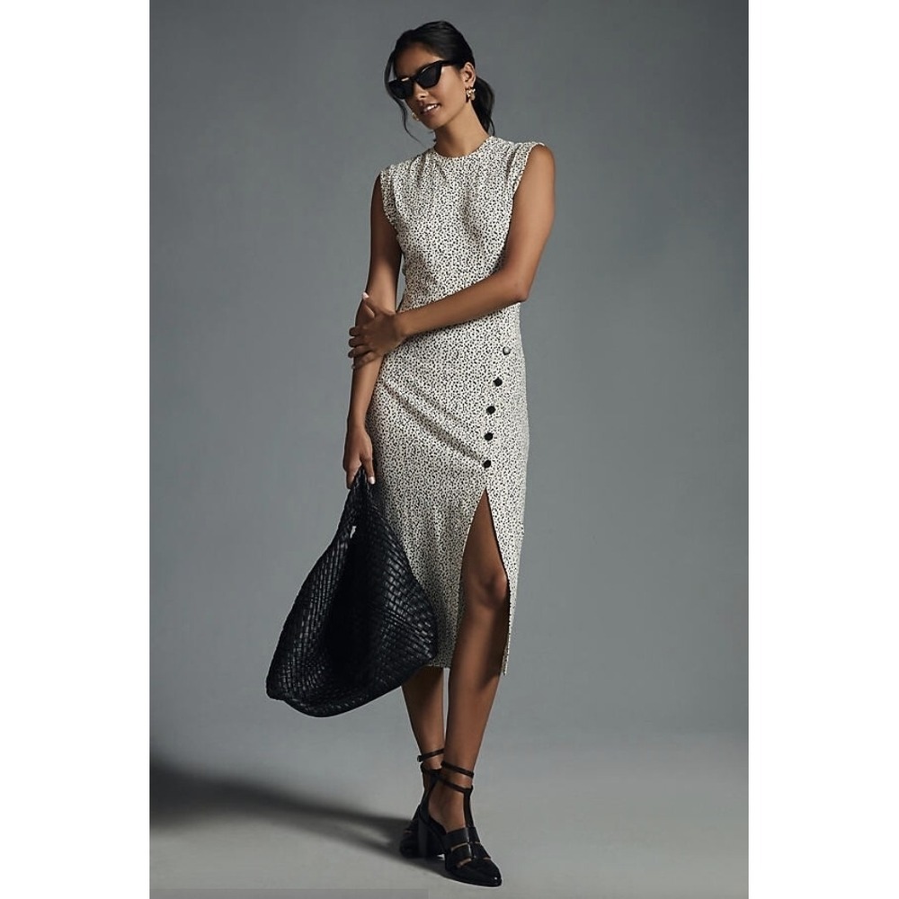 Anthropologie Grey State Chiara Dress XS Luxe Jersey Dot Print Midi Button Slit
